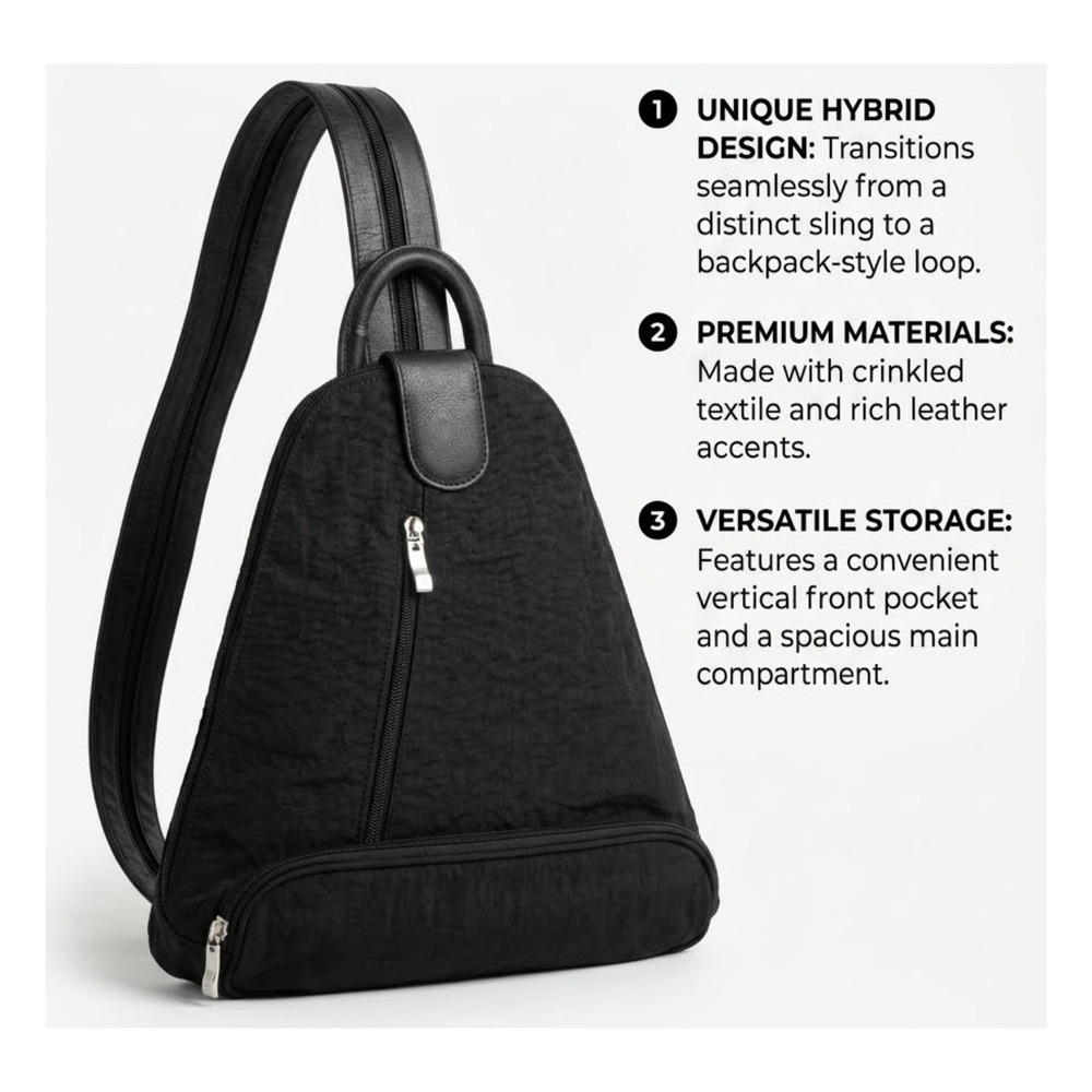Baggallini Black Crinkle Textile Hybrid‎ Sling Backpack Convertible Bag